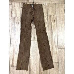 Plein Sud Brown Leather Pants Lace Up Low Rise Flare Y2K Western Chic 6